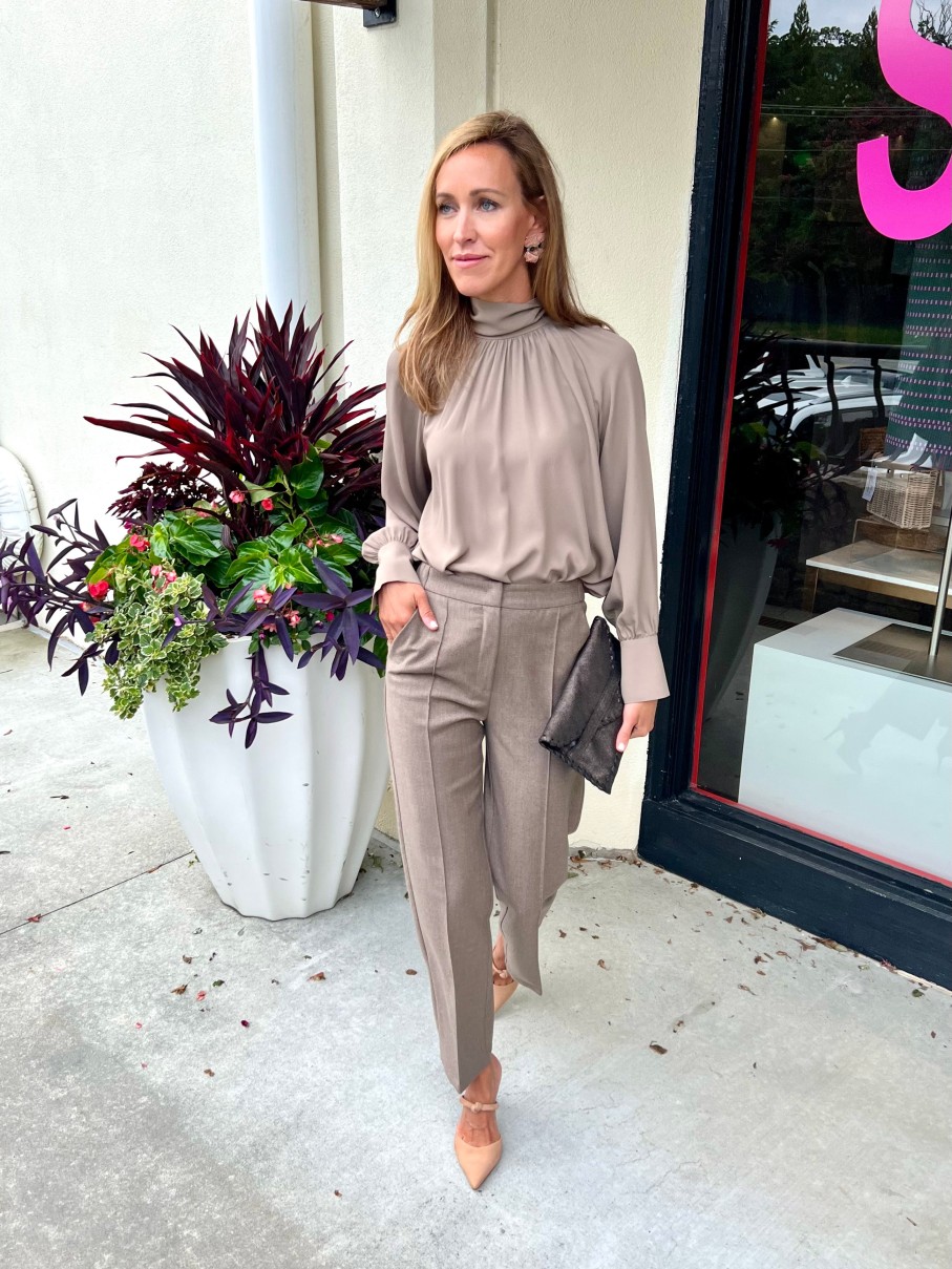 BEATRICE Tie Neck Blouse In Taupe Tops