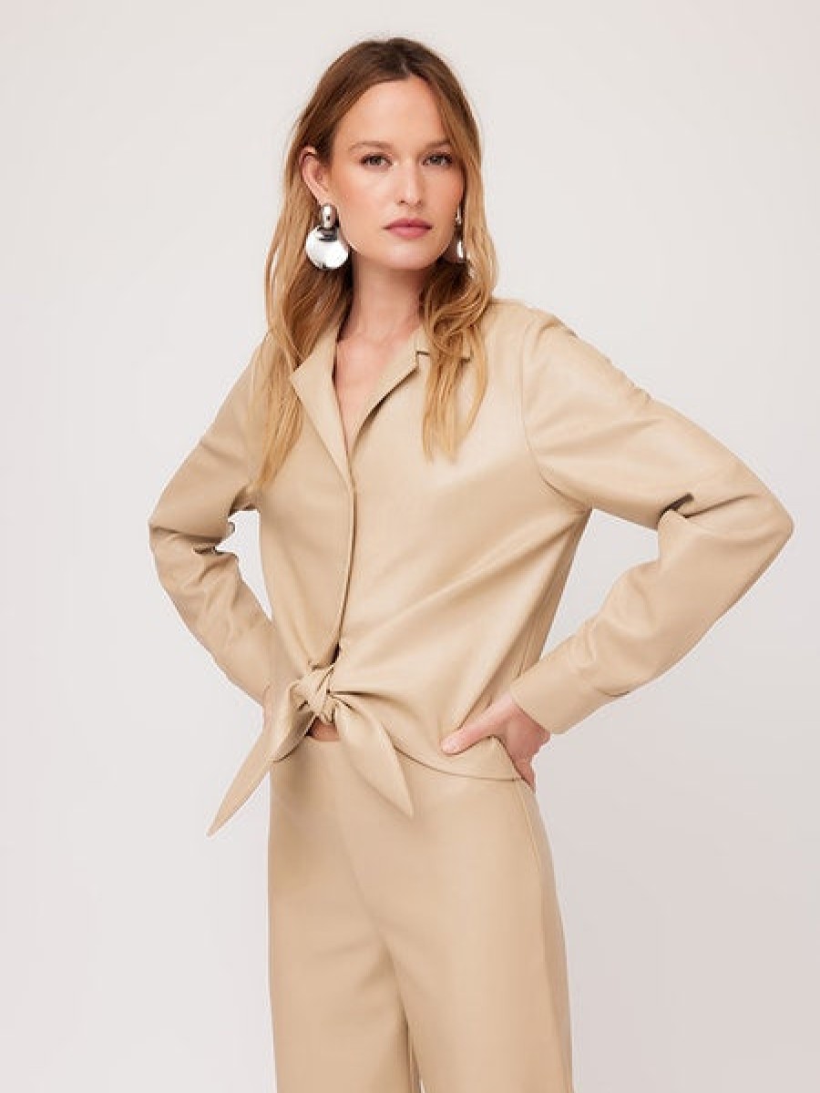 FIFTEEN TWENTY Vegan Leather Tie Front Top In Beige Matching Sets