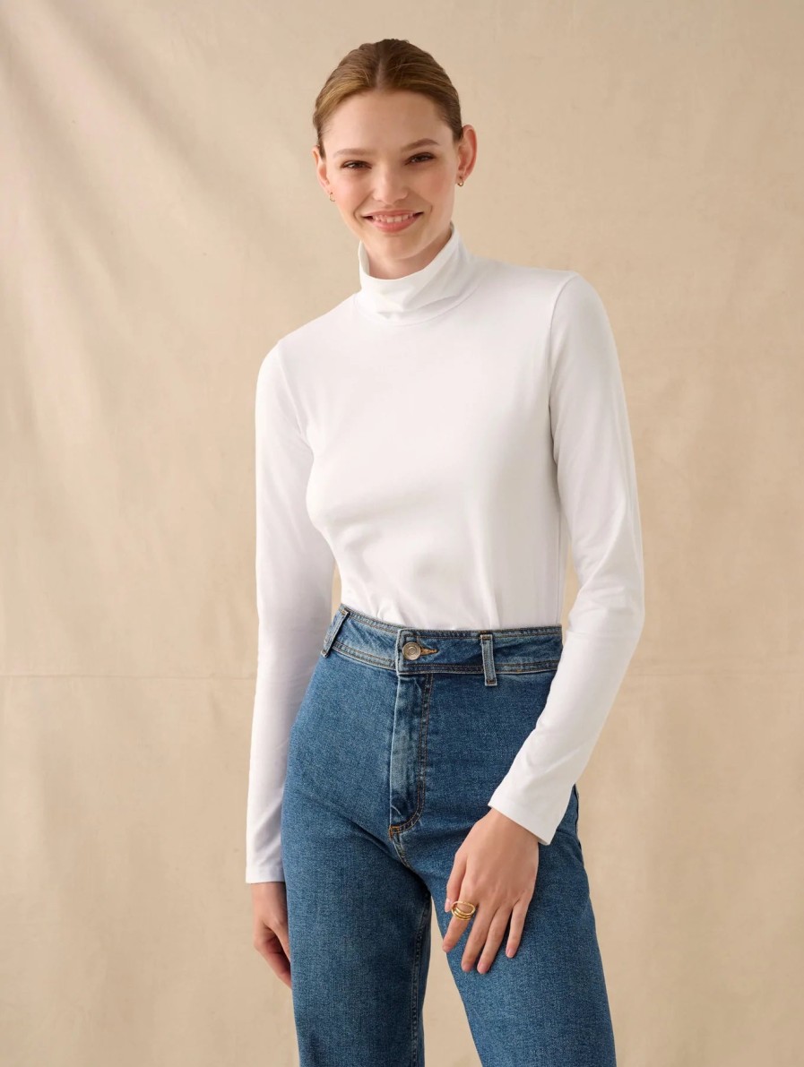 WHITE AND WARREN Cotton Modal Scrunchneck Top In White Tops