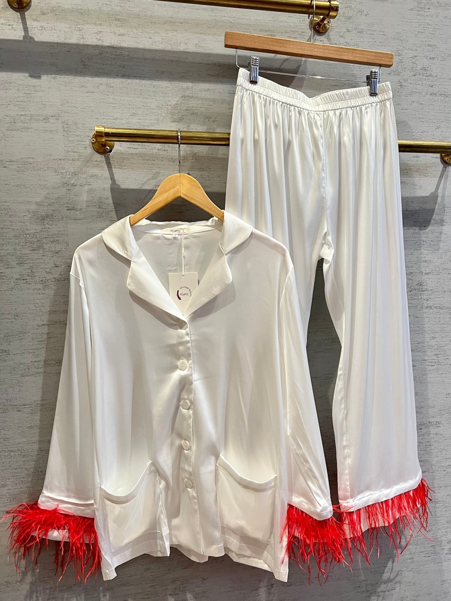 Plume Feather Satin Pajamas In White/Red Loungewear