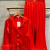 Plume Feather Satin Pajamas In Red Loungewear