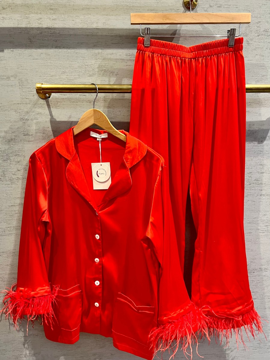 Plume Feather Satin Pajamas In Red Loungewear