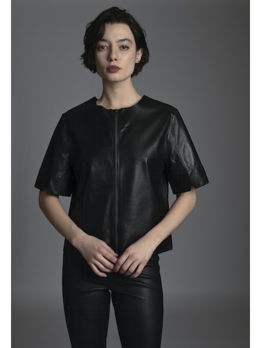 JAKETT Leather T-Shirt In Black Tops