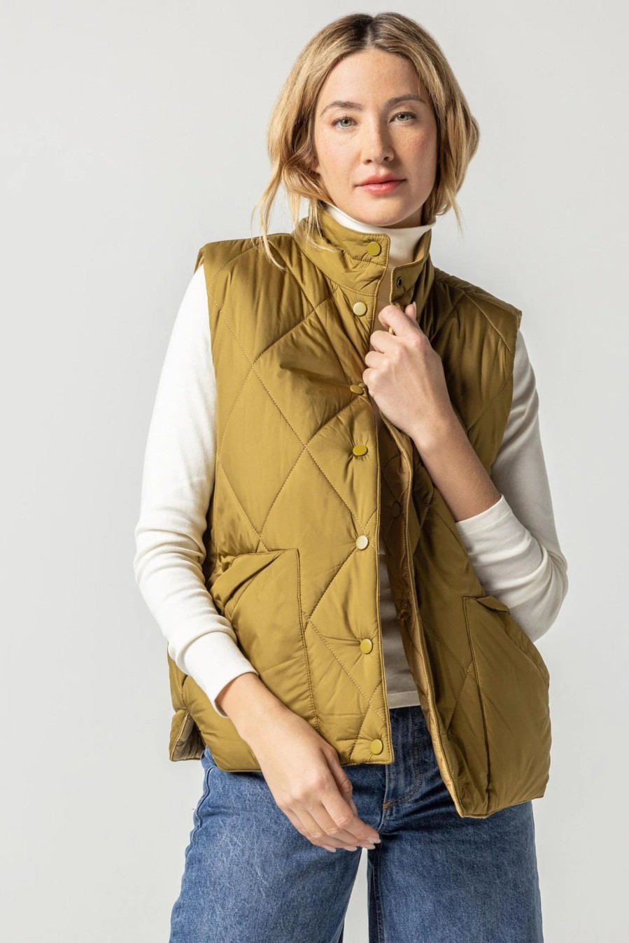 LILLA P Reversible Snap Front Vest In Antique Gold Outerwear