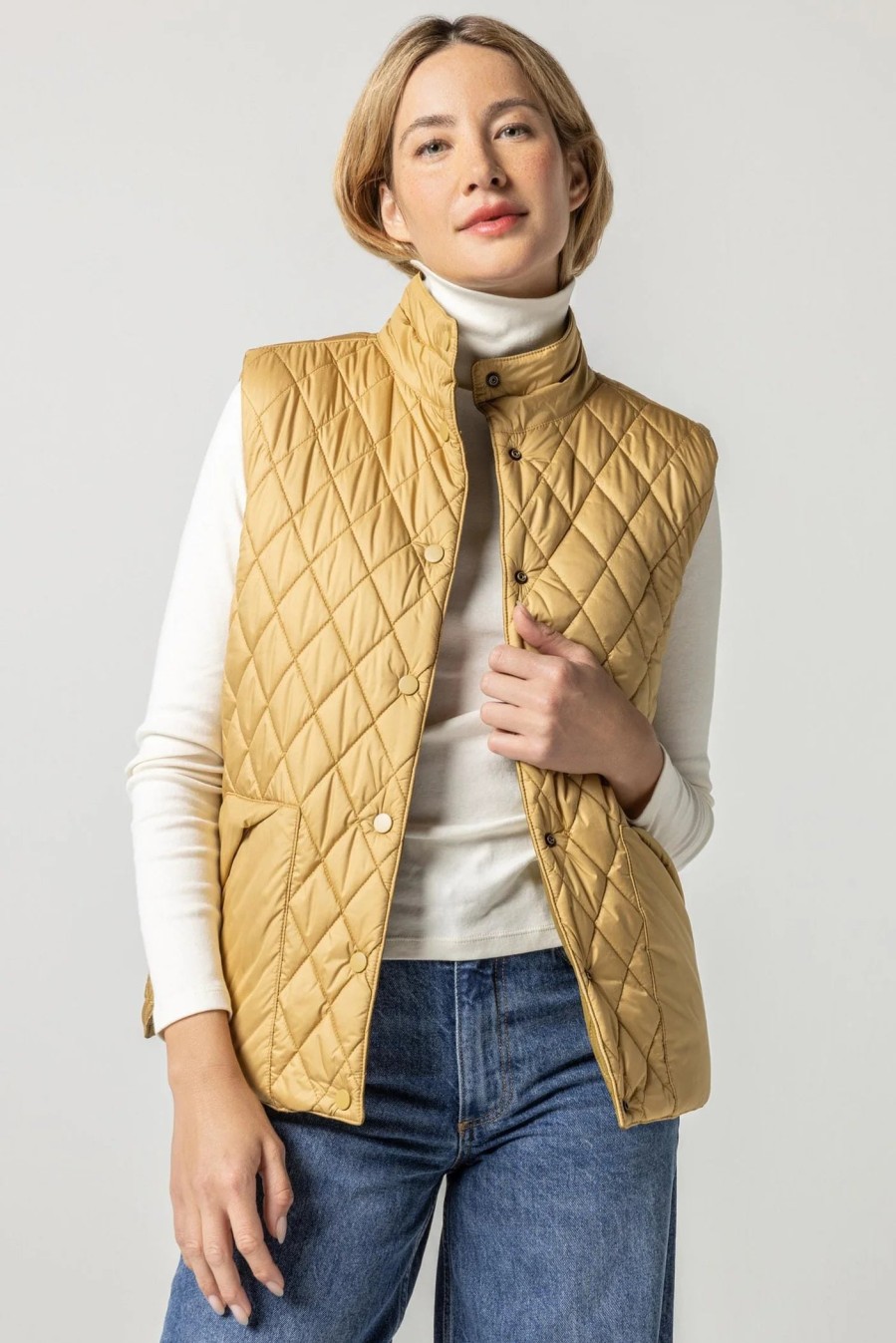 LILLA P Reversible Snap Front Vest In Antique Gold Outerwear