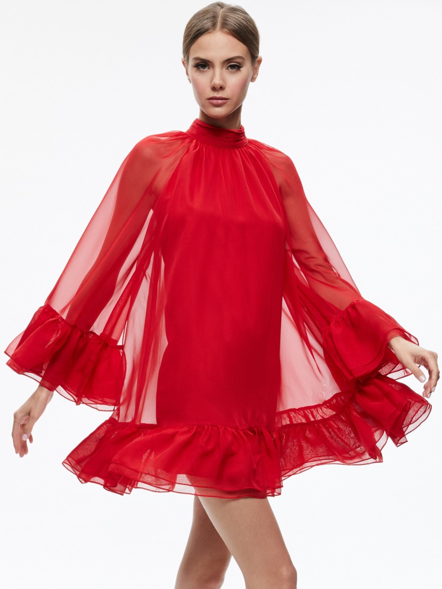 ALICE OLIVIA Erna Cape Sleeve Dress In Red Dress Shop