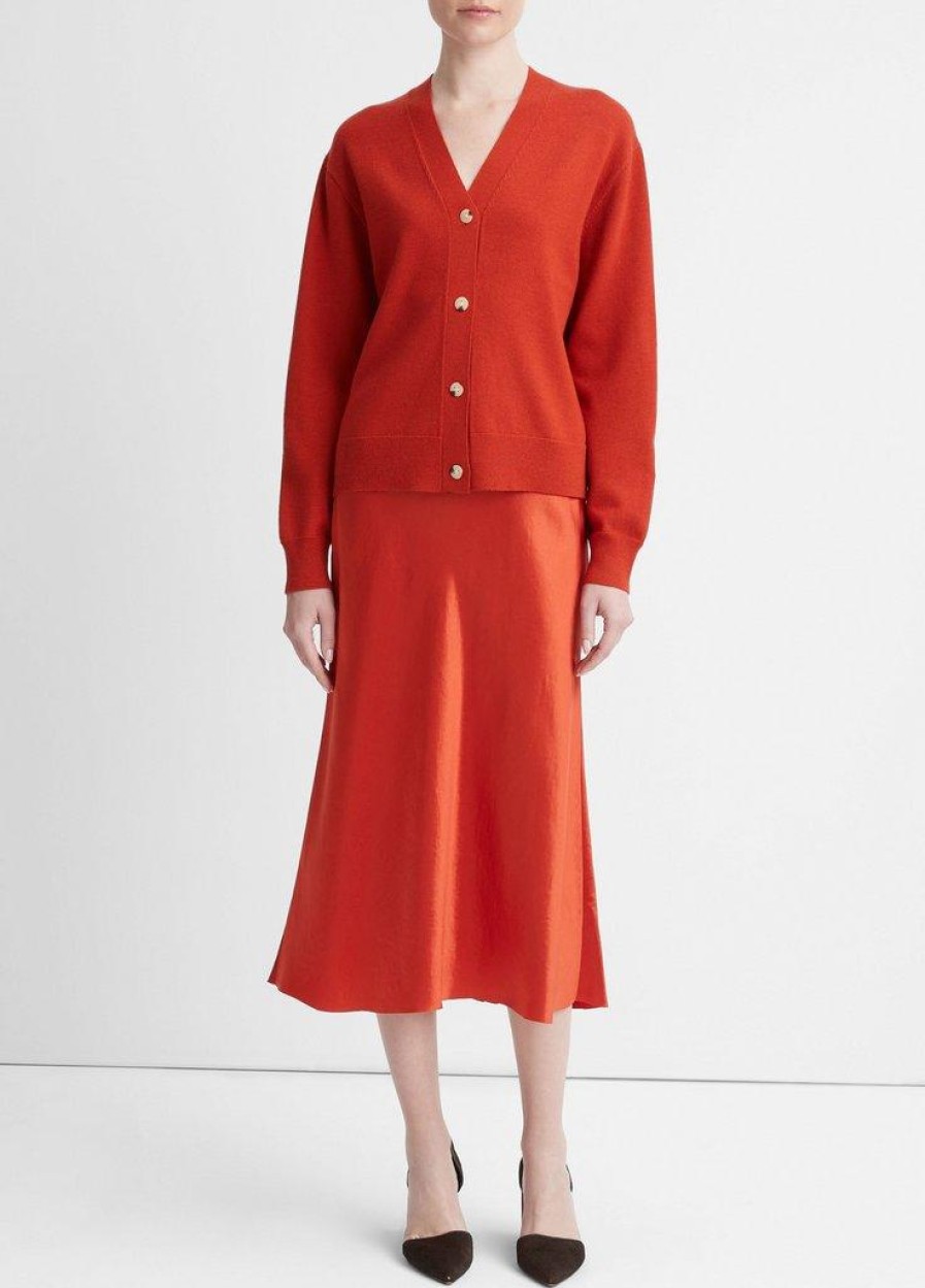 VINCE Wool-Cashmere High Button Cardigan In Vermillion Matching Sets