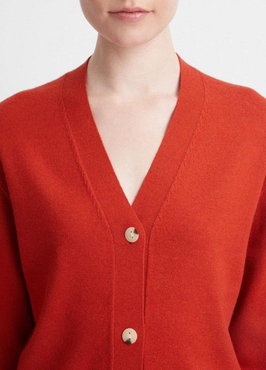 VINCE Wool-Cashmere High Button Cardigan In Vermillion Matching Sets