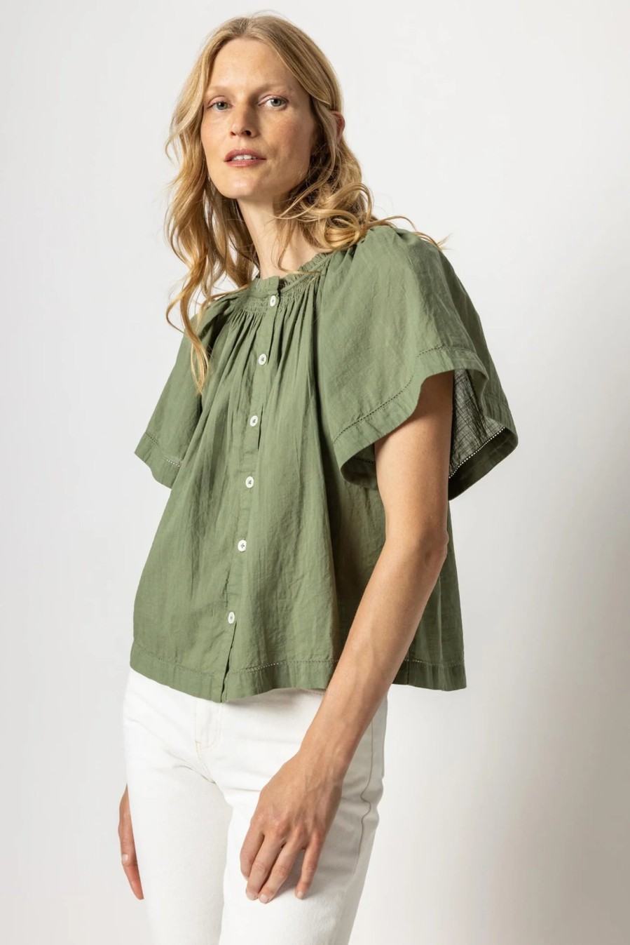 LILLA P Flutter Sleeve Button Down Top In Olive *Final Sale* Tops