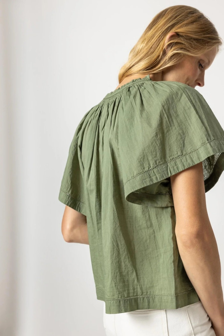 LILLA P Flutter Sleeve Button Down Top In Olive *Final Sale* Tops