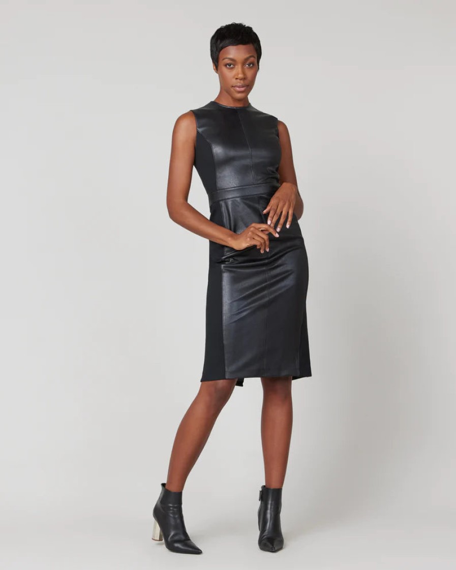 SPANX Leather-Like Combo Fitted Dress In Luxe Black Dress Shop