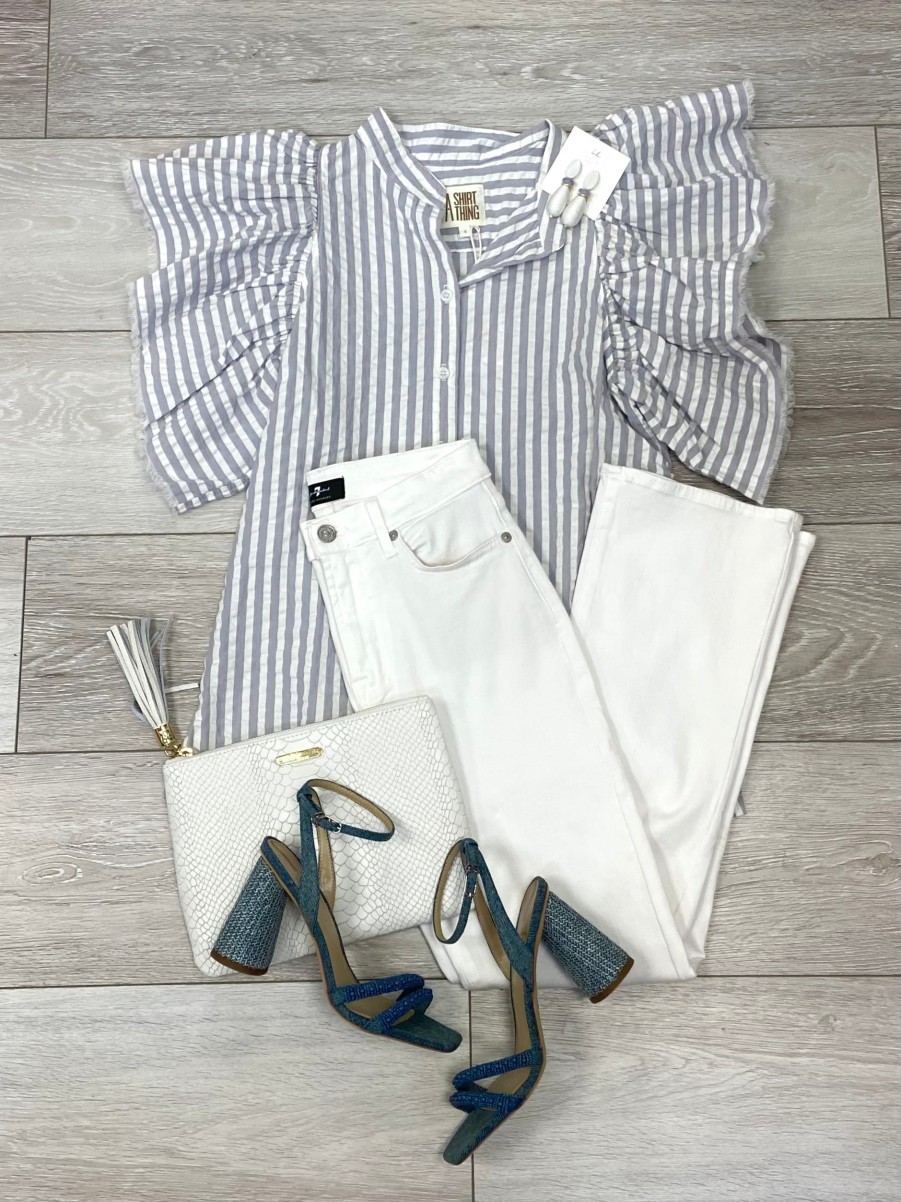 A SHIRT THING Ava Stripe Blouse In Steel/White *Final Sale* Tops