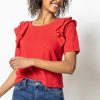 LILLA P Ruffle Shoulder Crew Neck Tee In Red Tops