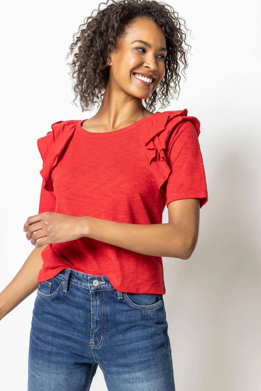 LILLA P Ruffle Shoulder Crew Neck Tee In Red Tops