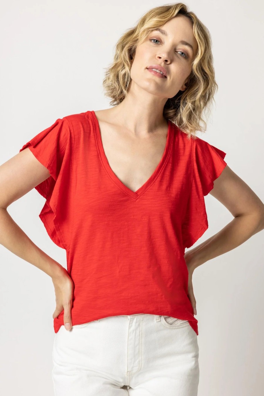 LILLA P Flutter Sleeve V Neck Tee In Tomato *Final Sale* Tops