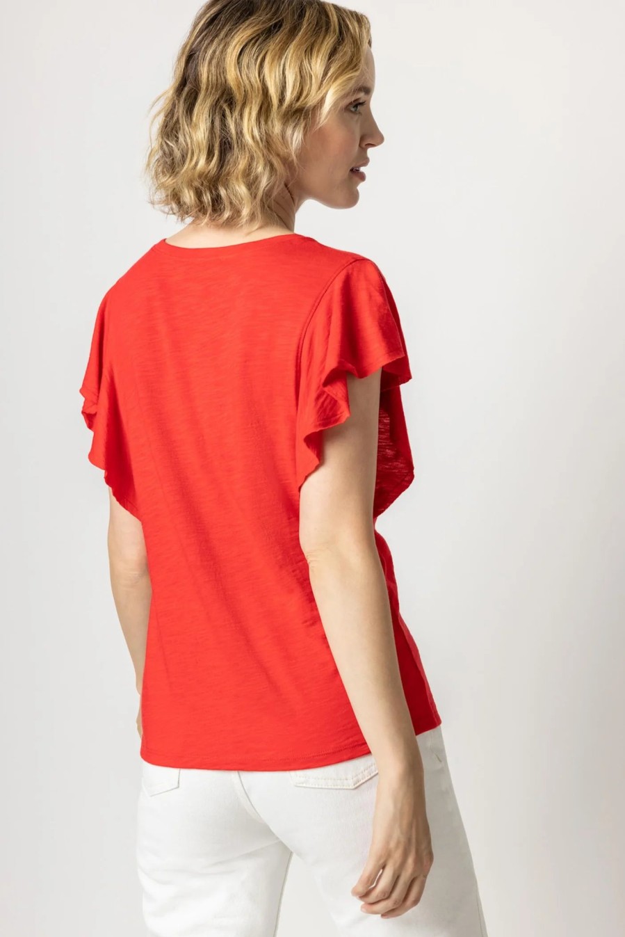 LILLA P Flutter Sleeve V Neck Tee In Tomato *Final Sale* Tops