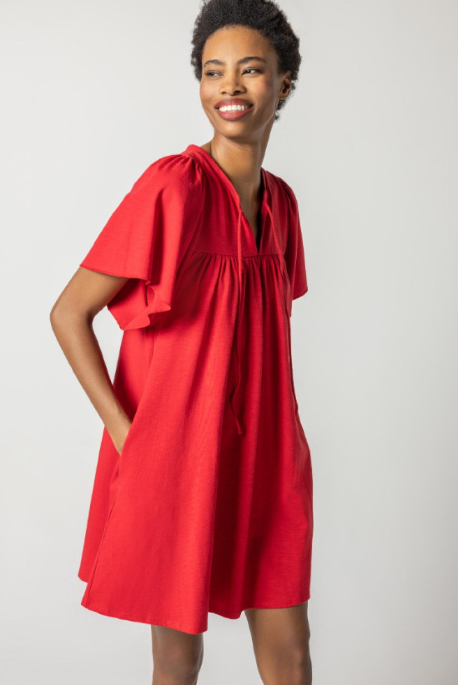 LILLA P Flutter Sleeve Split Neck Dress In Ruby *Final Sale* Dress Shop