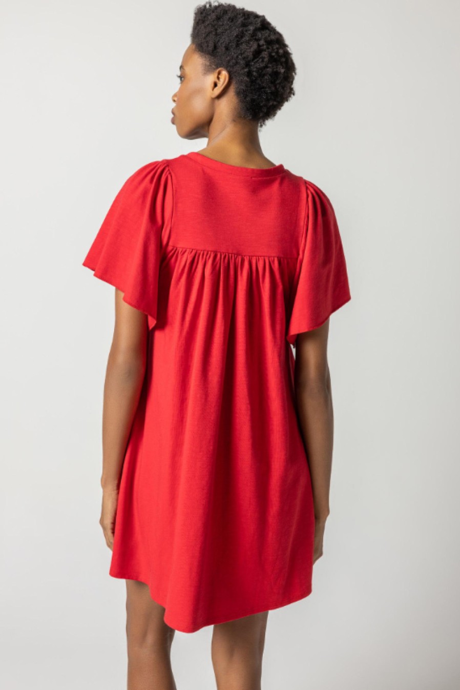 LILLA P Flutter Sleeve Split Neck Dress In Ruby *Final Sale* Dress Shop