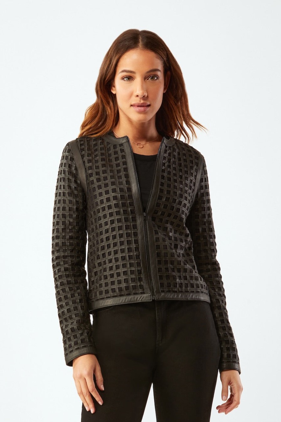 ECRU Bonded Grid Leather Zip Jacket In Black Outerwear