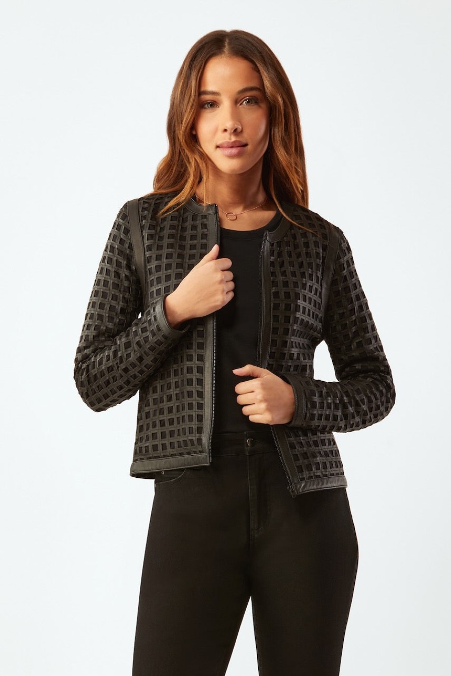 ECRU Bonded Grid Leather Zip Jacket In Black Outerwear