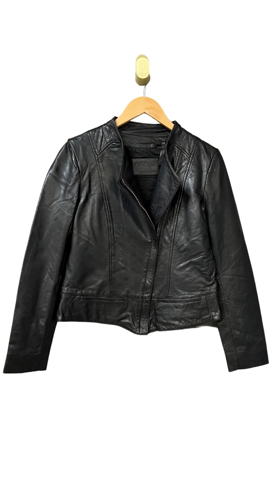 11 UPTOWN Collarless Leather Jacket In Black Outerwear