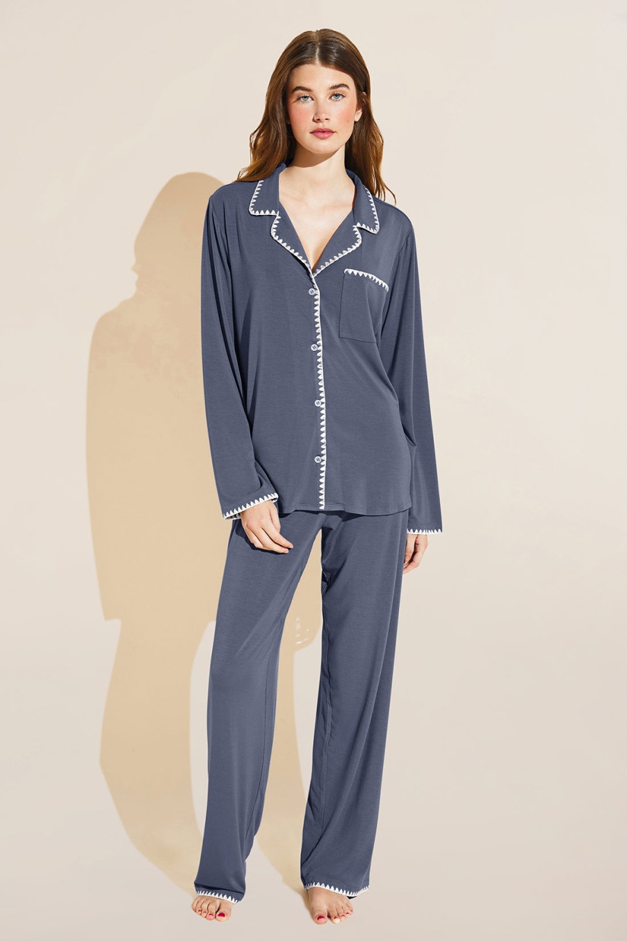 EBERJEY Frida Whip Stitch Long Sleeve Pj Set In Night Shadow Blue/Ivory Loungewear