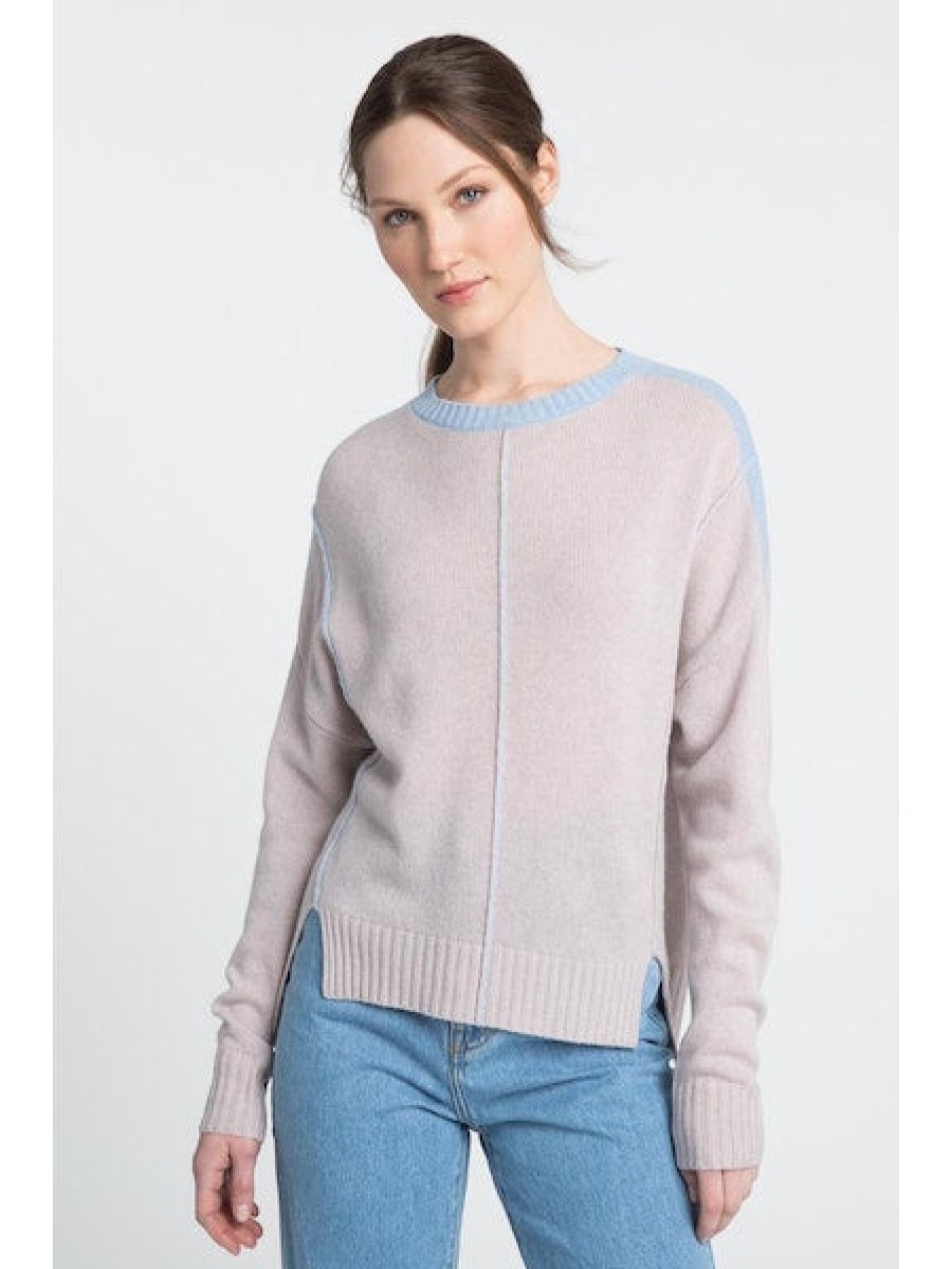 KINROSS CASHMERE Exposed Seam High Low Sweater In Dune Tops