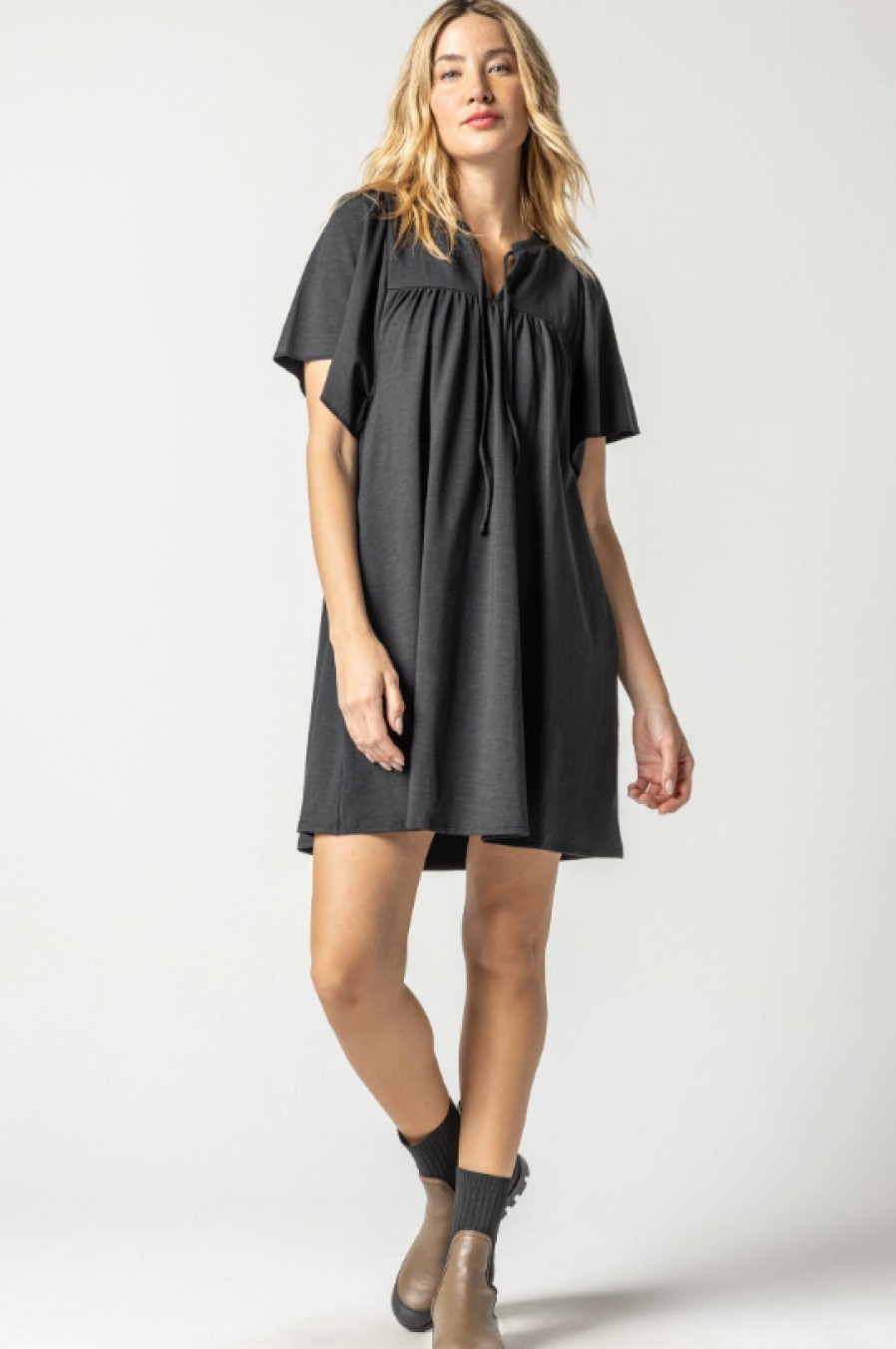 LILLA P Flutter Sleeve Split Neck Dress In Black *Final Sale* Dress Shop