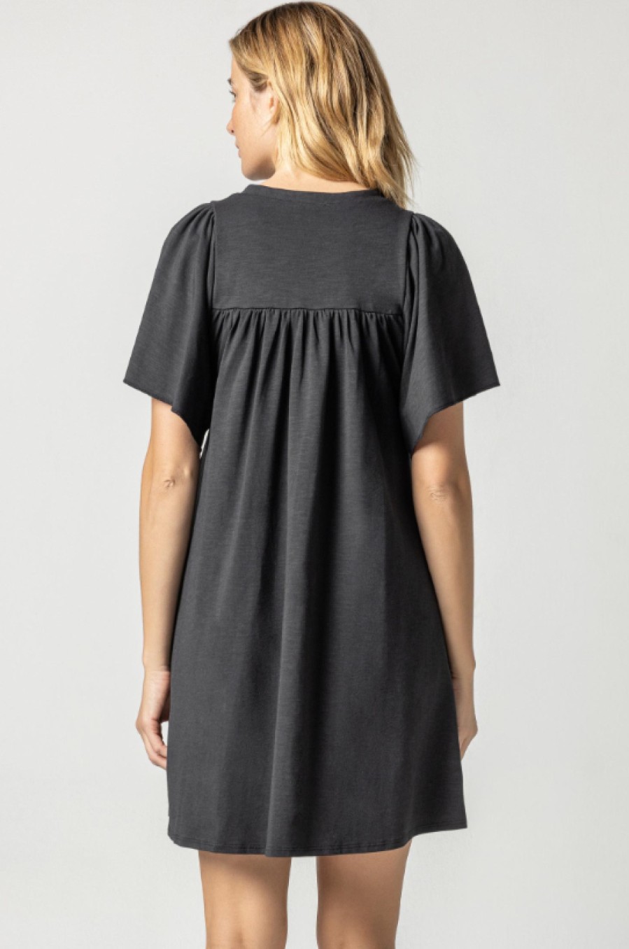 LILLA P Flutter Sleeve Split Neck Dress In Black *Final Sale* Dress Shop