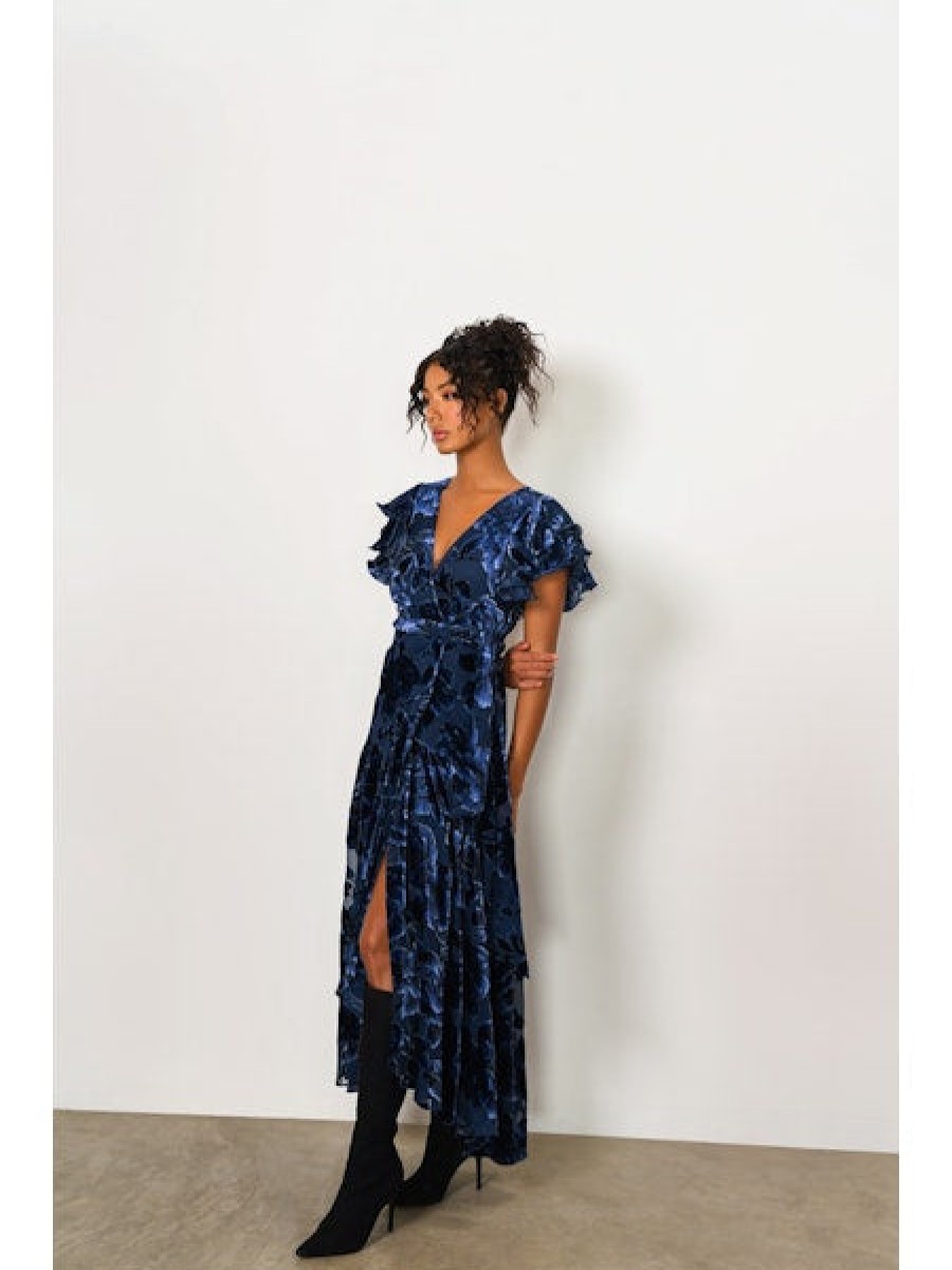 HUTCH Zola Wrap Dress In Navy Velvet Dress Shop