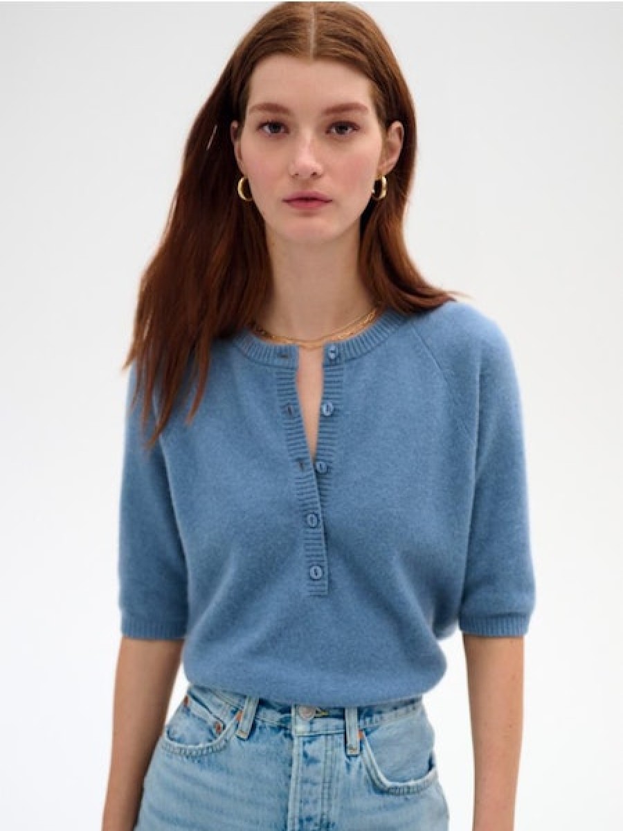 WHITE AND WARREN Cashmere Henley Sweater In Blue Thistle Tops