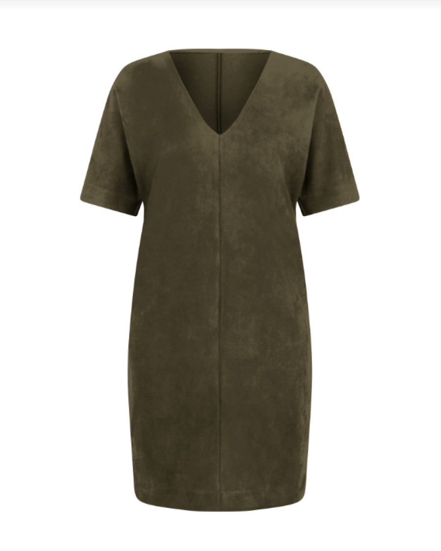 SPANX Faux Suede V Neck Dress In Utility Green Dress Shop