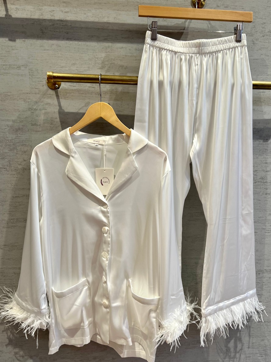 Plume Feather Satin Pajamas In White Loungewear