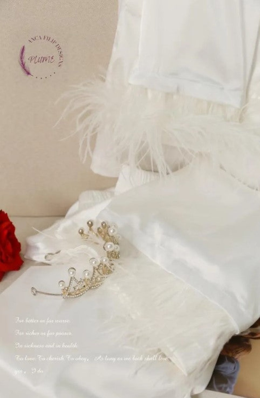 Plume Feather Satin Pajamas In White Loungewear