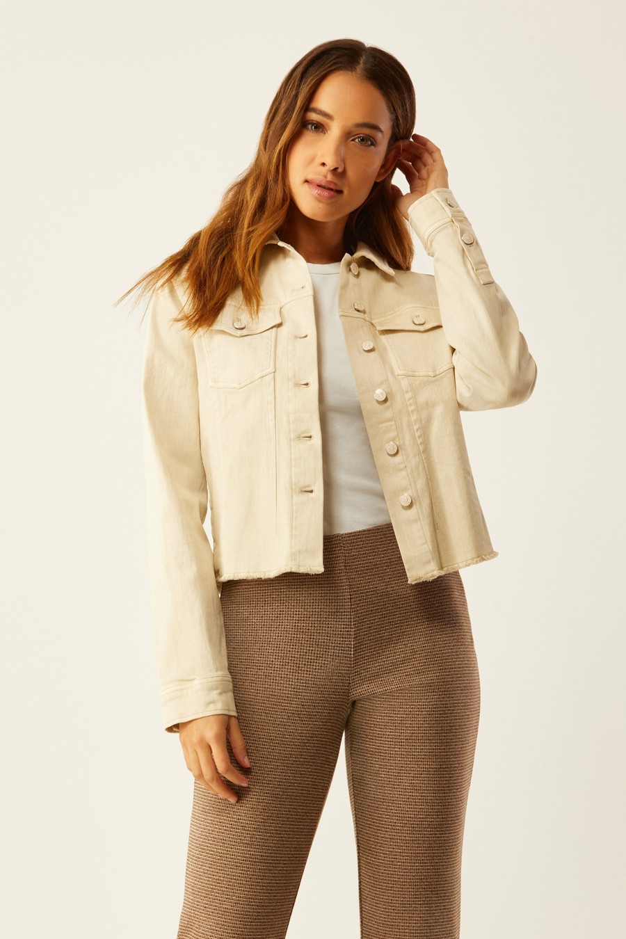 ECRU Jean Jacket With Fray Hem In Sandstone Outerwear