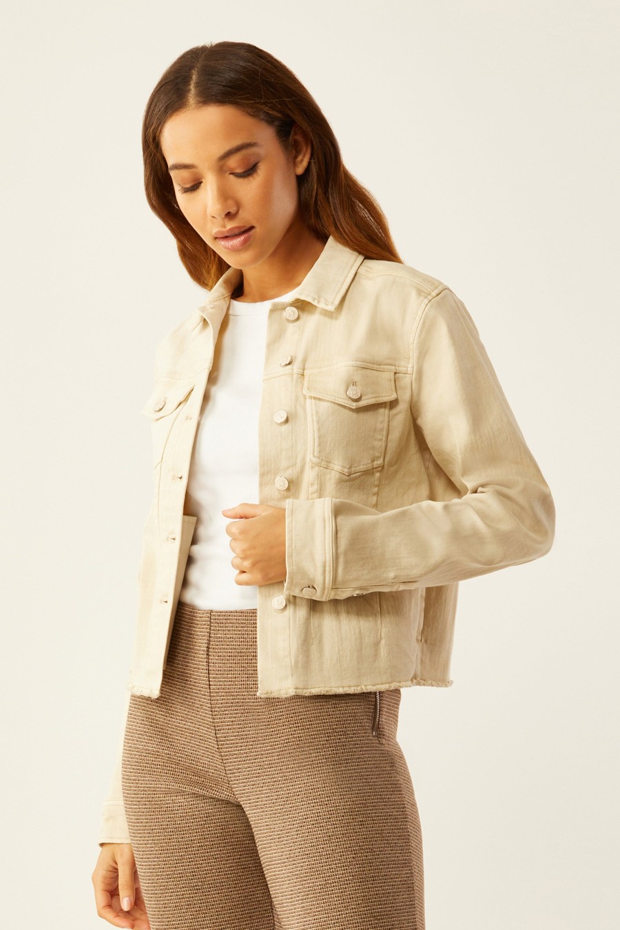 ECRU Jean Jacket With Fray Hem In Sandstone Outerwear