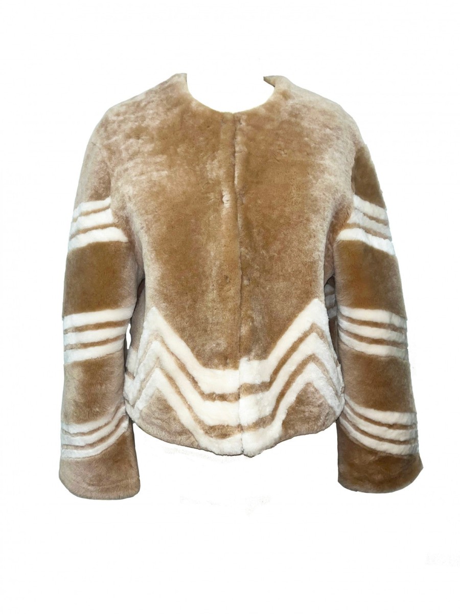 LINDA RICHARD Zig-Zag Fur Jacket In Tan/Cream Outerwear