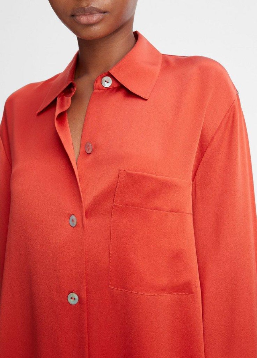 VINCE Silk Relaxed Chest-Pocket Blouse In Vermillion Matching Sets