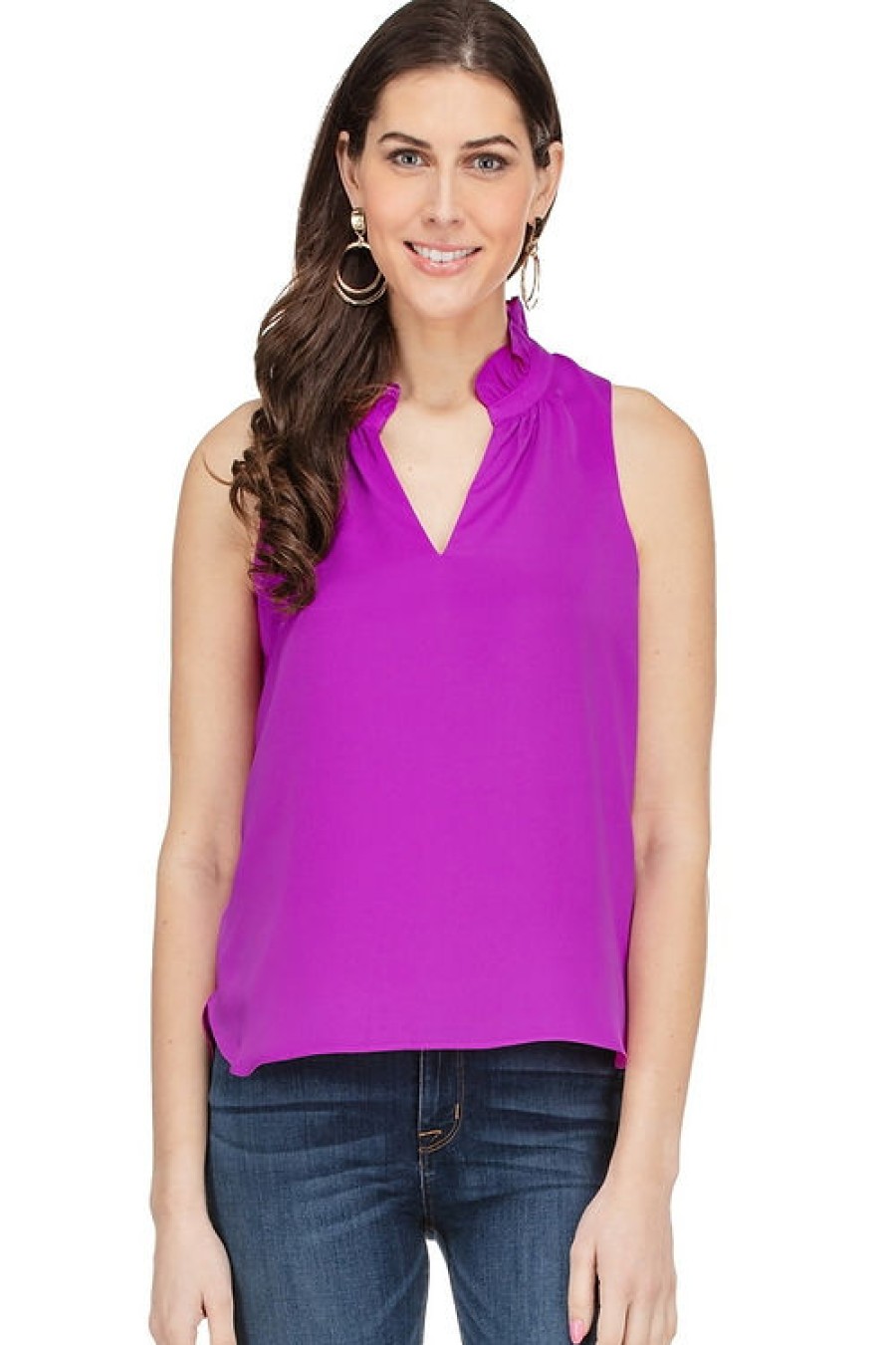 JADE Ruffle Neckline Top In Orchid Tops