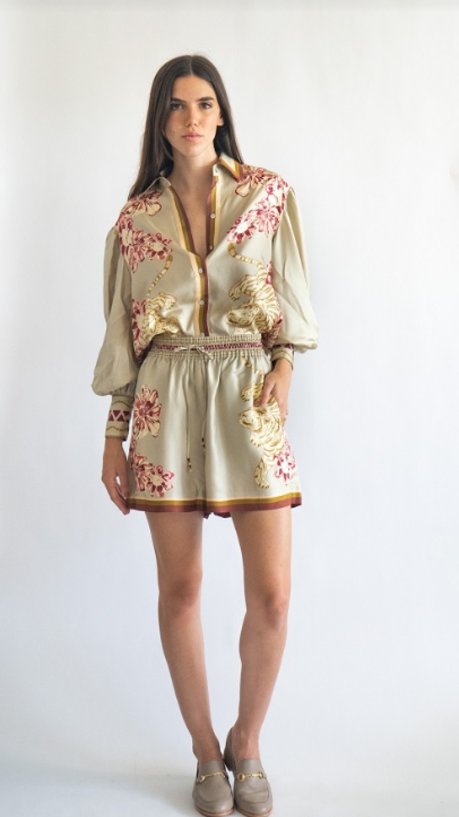 LAS SURENAS Flower Tiger Shirt In Beige Matching Sets