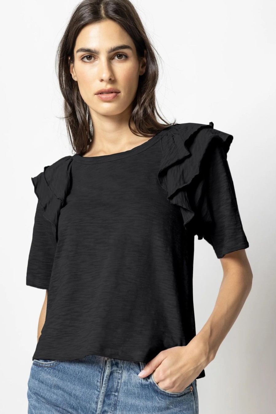 LILLA P Ruffle Shoulder Crew Neck Tee In Black Tops