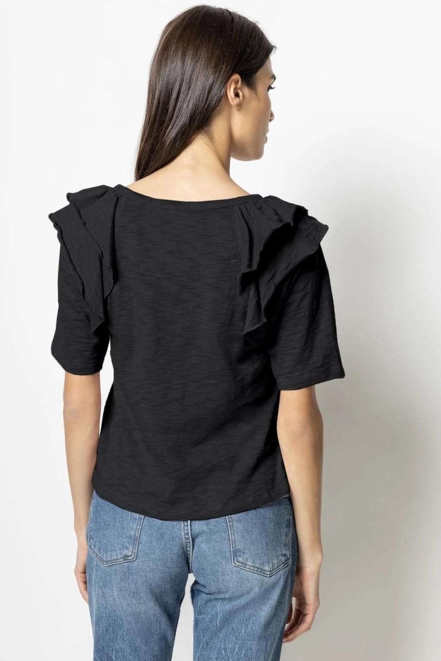 LILLA P Ruffle Shoulder Crew Neck Tee In Black Tops