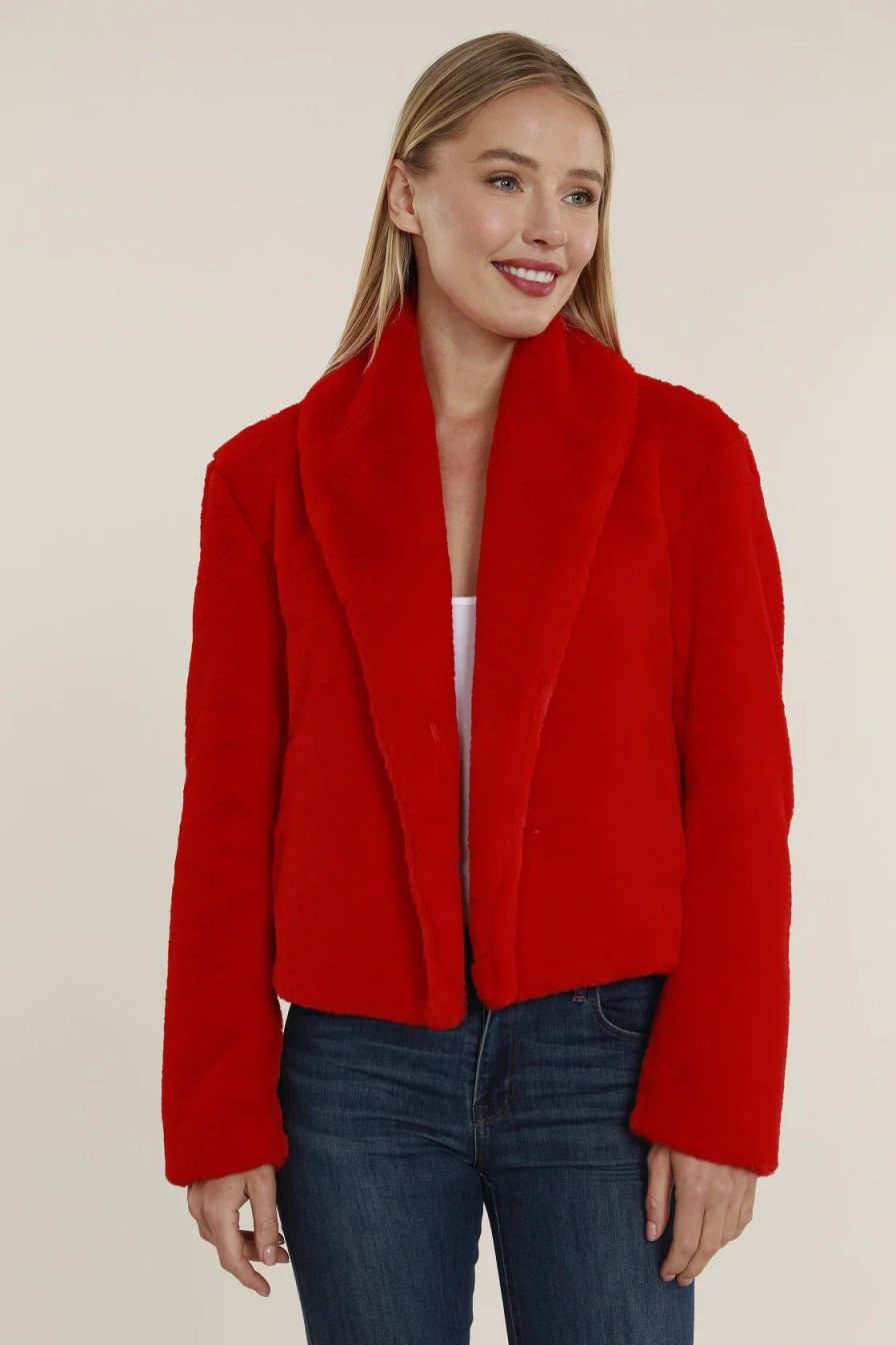 DOLCE CABO Faux Fur Shawl Collar Jacket In Red Outerwear