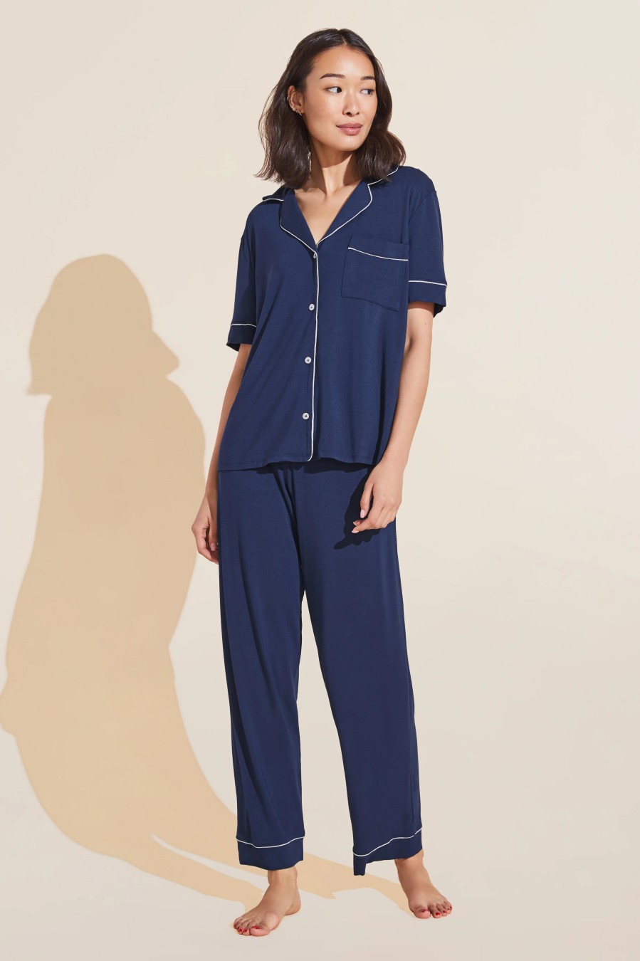 EBERJEY Gisele Short Sleeve & Pant Pj Set In Navy/Ivory Loungewear