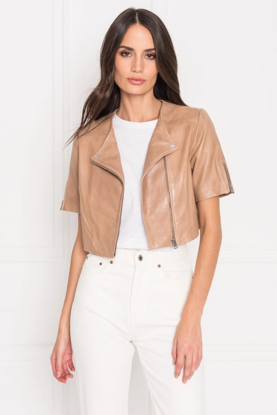 LAMARQUE Kirsi Cropped Biker Jacket In Camel Outerwear