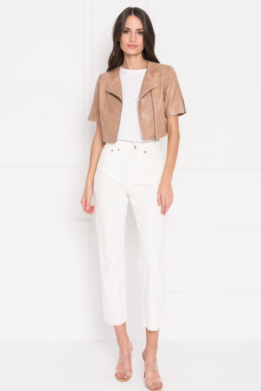 LAMARQUE Kirsi Cropped Biker Jacket In Camel Outerwear