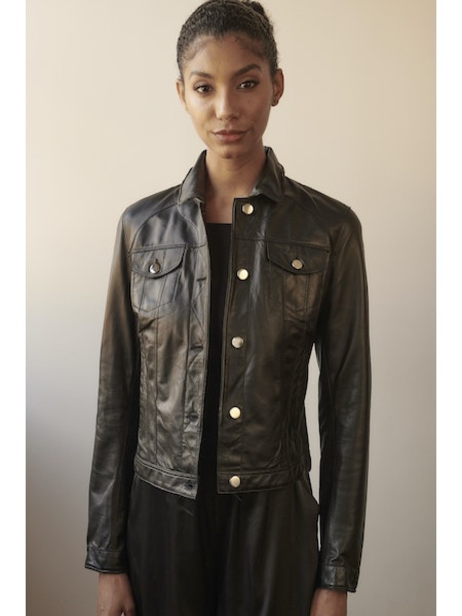 JAKETT Alexa Burnished Leather Jacket In Chocolate/Brass Outerwear