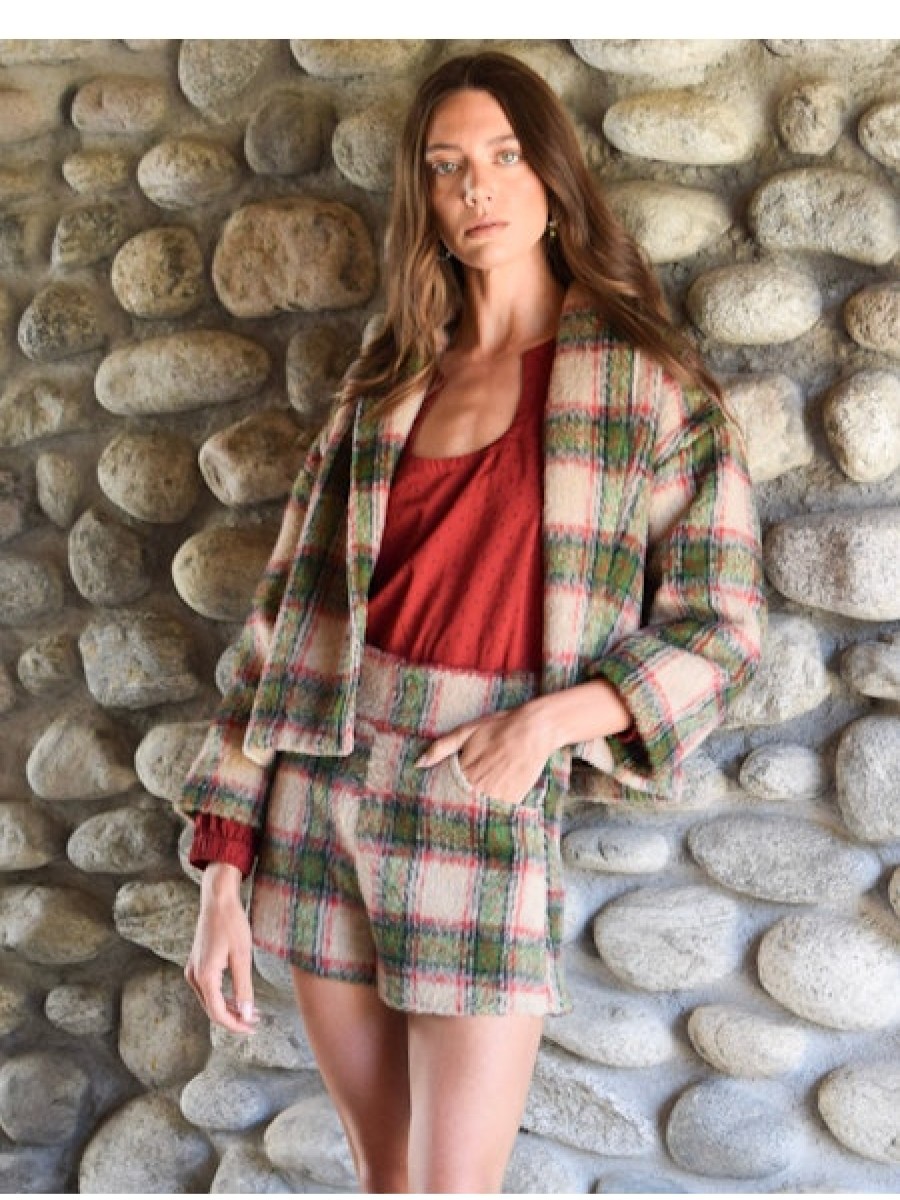 NEVER A WALLFLOWER Shawl Collar Cropped Jacket In Plaid Mohair Outerwear