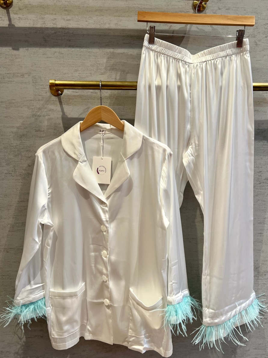 Plume Feather Satin Pajamas In White/Blue Loungewear