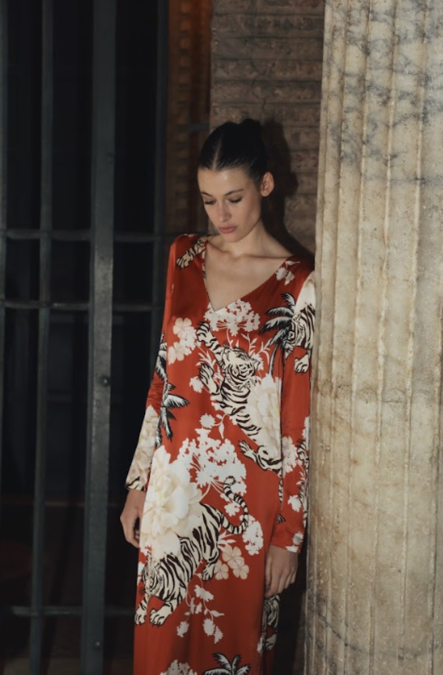 LAS SURENAS Romantic Tiger Dress In Brick Dress Shop